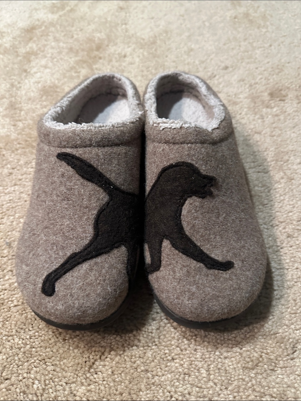 L.L. Bean Taupe Felt Slip-On Slippers with Black Dog Silhouette